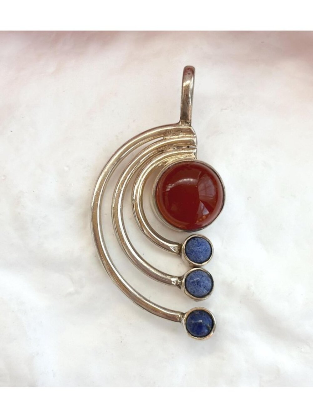 Modernist Carnelian & Lapis Lazuli Gemstone Sterling Silver Vintage 925 Pendant
